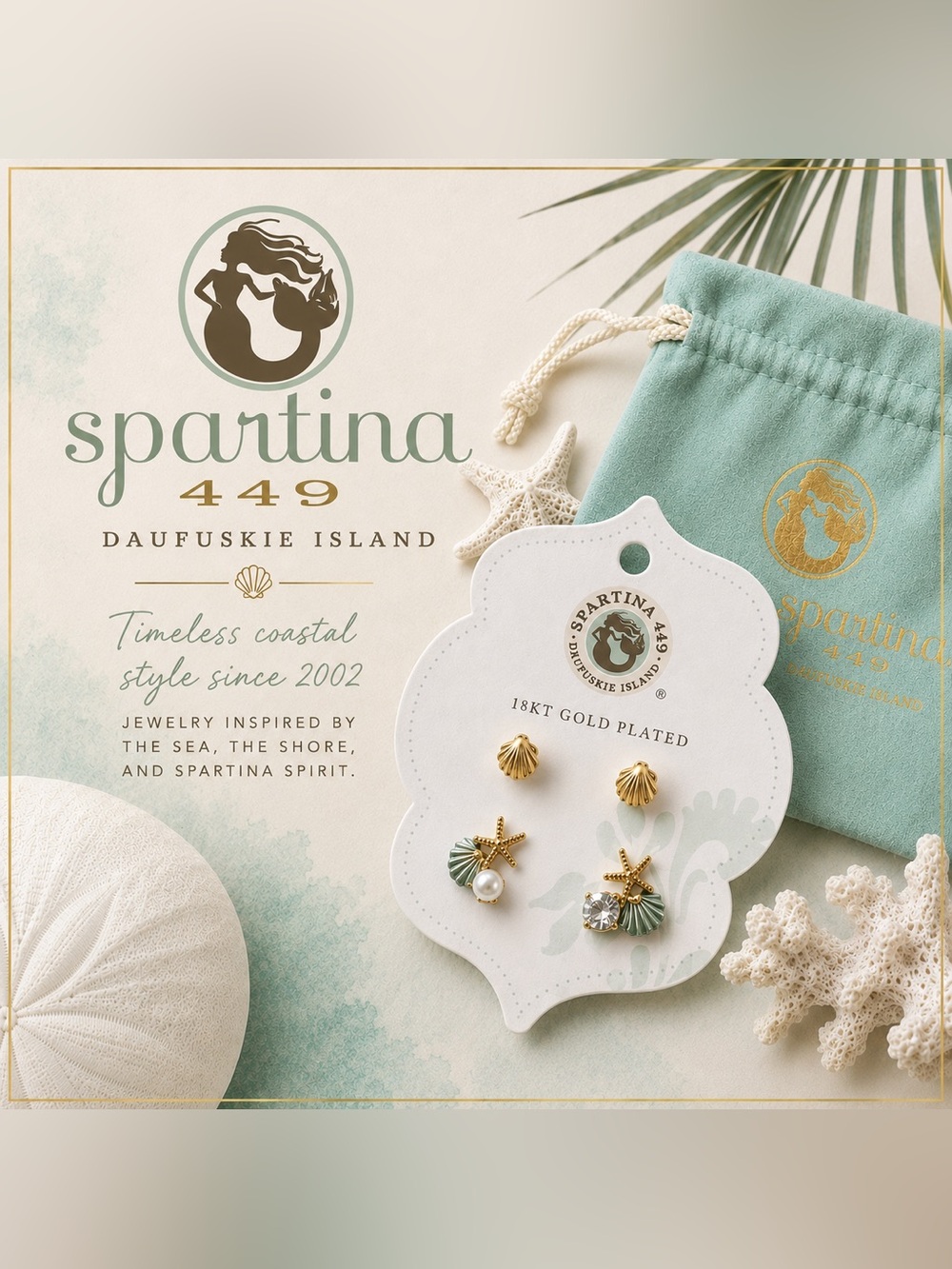 New Spartina 449 Coastal Seashell Starfish Stud Earrings 2 pair Set + gift bag